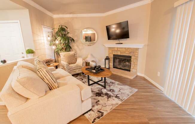 a living room with a couch and a fireplace and a tv