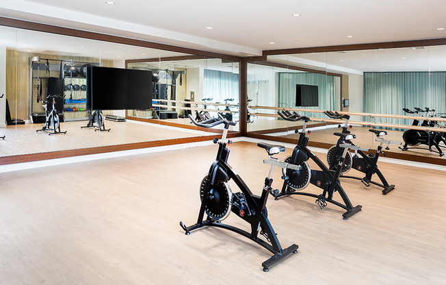 24-hour, club-quality fitness center with double-height ceilings and group workout zone
