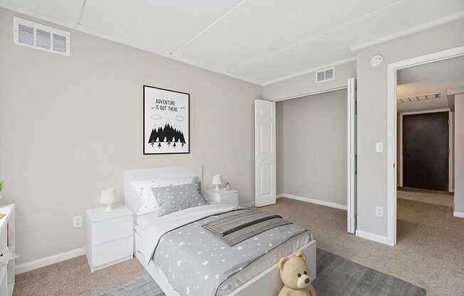 Model Bedroom with Carpet and Closet at Elevate on Parkway Apartments, Burnsville, 55337