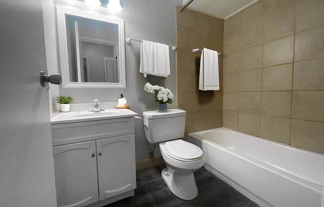 a bathroom with a toilet sink and bath tub