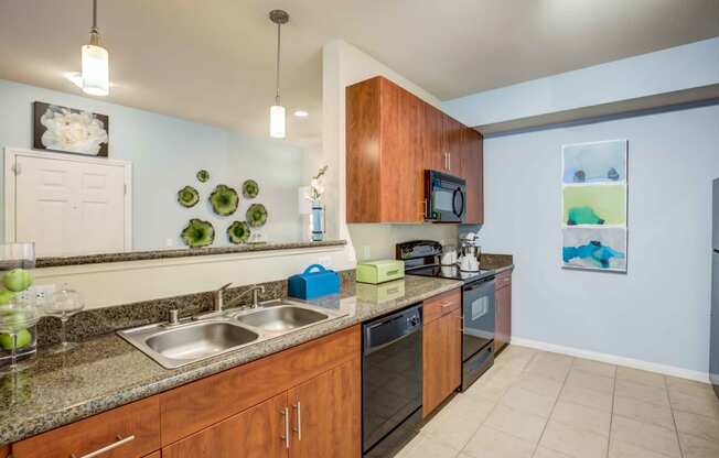 kitchen with double sink, oven, microwave