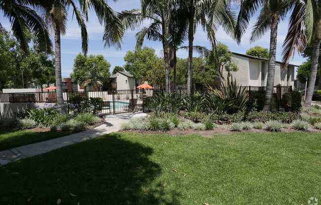 the backyard of a house with palm trees at Encore Apartments, California, 91764