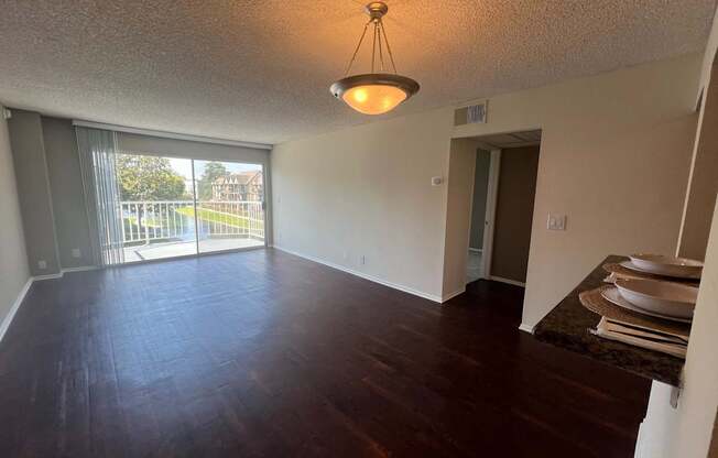 A room with a wooden floor and a sliding glass door.