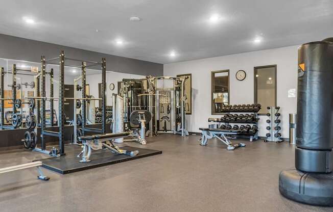 A spacious gym with a variety of equipment including a squat rack, bench press, and a punching bag.