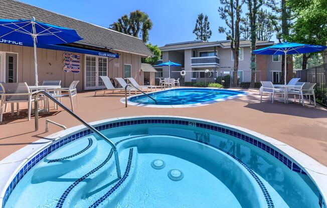 a pool in front of a building