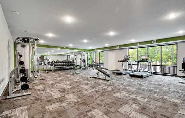 the gym is equipped with weights and cardio equipment and windows. Circle Pines, MN Lexington Lofts