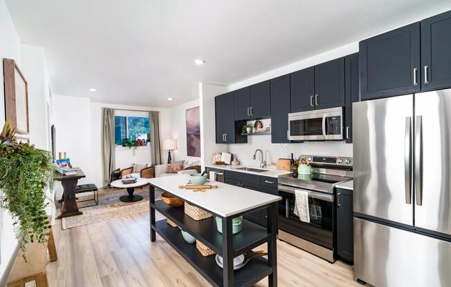 An open kitchen with a central island at Modera University Park, offering multiple finish options to choose from.