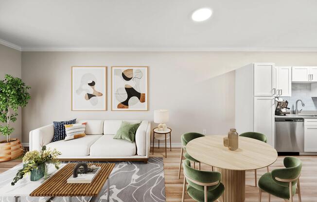 Open living and dining area with upgraded stainless steel appliances, bright finishes, and a connected layout that supports gathering, dining, and daily routines.