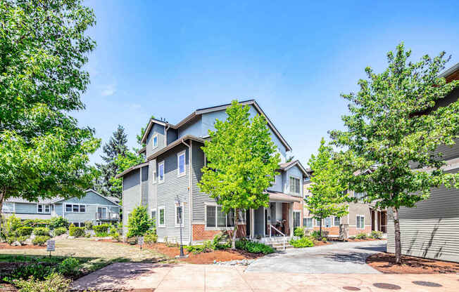 A house with a grey facade is surrounded by green trees.