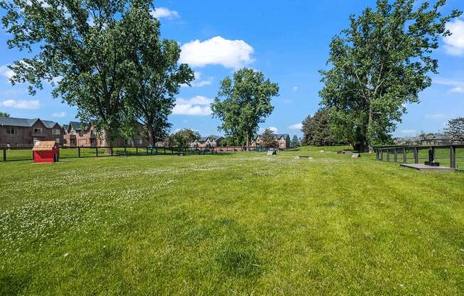 A grassy field with trees and a red object in the distance.