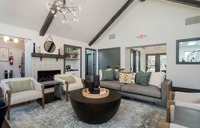 apartment club house with lounge seating fireplace and communtiy kitchen