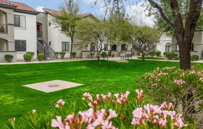 a yard with green grass and trees in front of a building