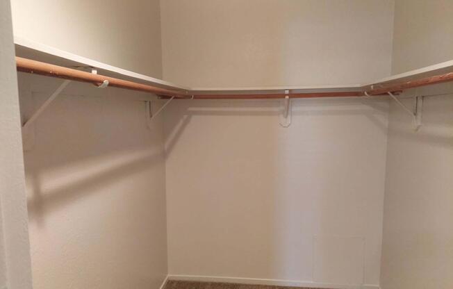 An empty closet with white walls and two horizontal wooden rods for hanging clothes. The floor is carpeted and there are no shelves or items present, creating a spacious and minimalist appearance.