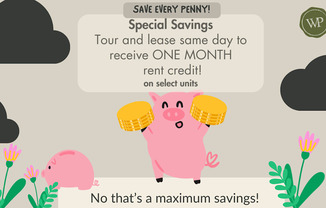 A cartoon pig with a speech bubble advertising a savings promotion.