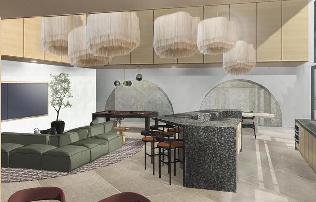 Visit our clubroom with game tables, sculptural lighting, and a sleek entertaining kitchen.