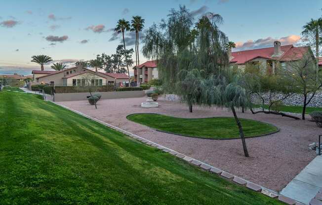 Enclave courtyard view with lush landscape