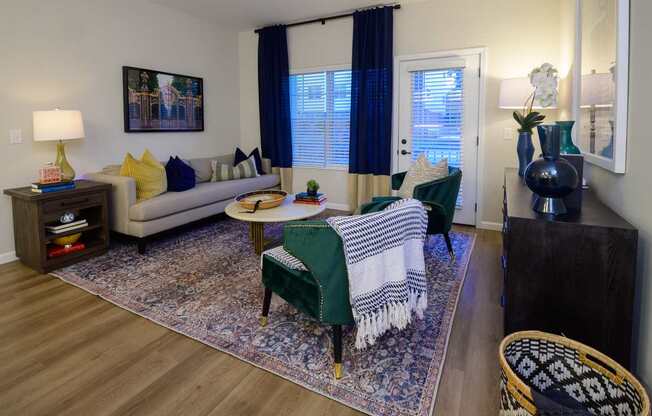 A living room with a couch, chair, and rug.