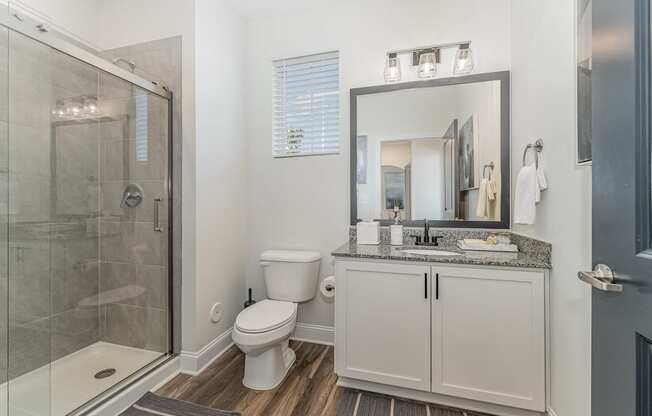 a bathroom with a toilet sink and shower