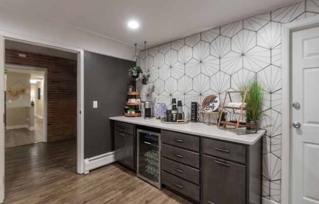 This is photo of the coffee bar in the leasing office at Aspen Village Apartments in the Westwood neighborhood of Cincinnati, OH.