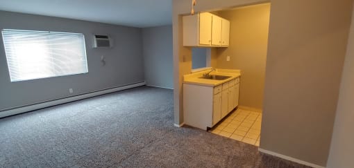 an empty kitchen with a sink and a window