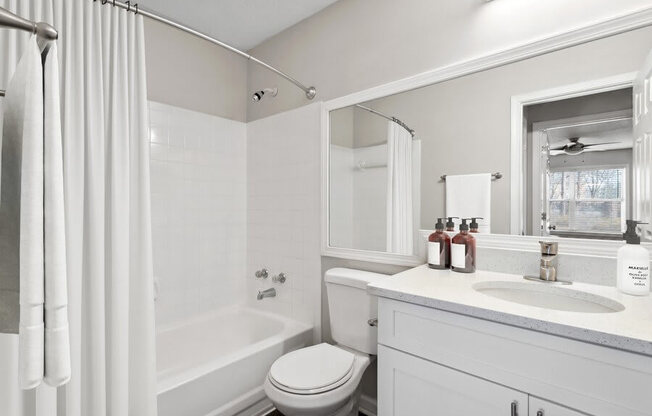 Model Bathroom with Wood-Style Flooring at Element 41 Apartments in Marietta, GA.
