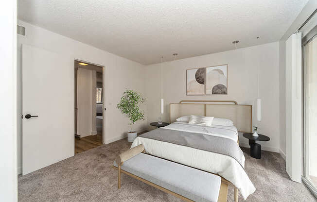 Model Bedroom with Carpet at Palmilla Apartments located in San Diego, CA.