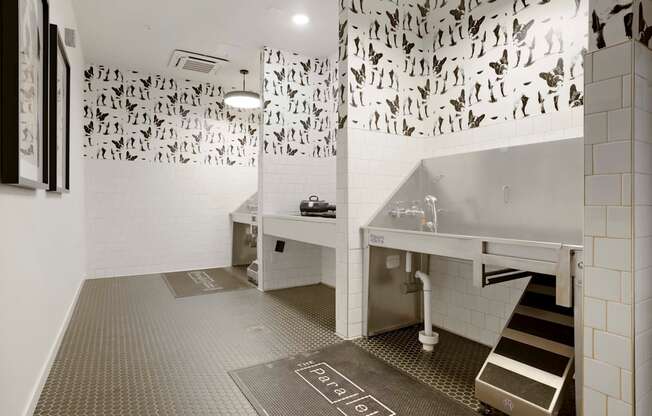 a bathroom with a fish print on the wall