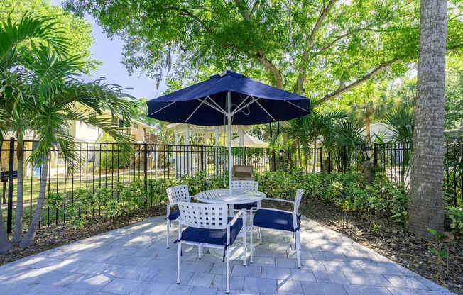 A patio with a table and chairs under an umbrella.