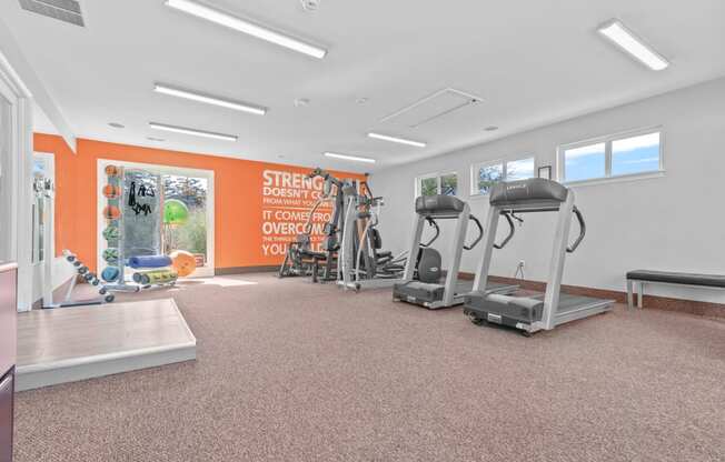 a gym with a lot of exercise equipment on the floor and a wall with a motivational quote