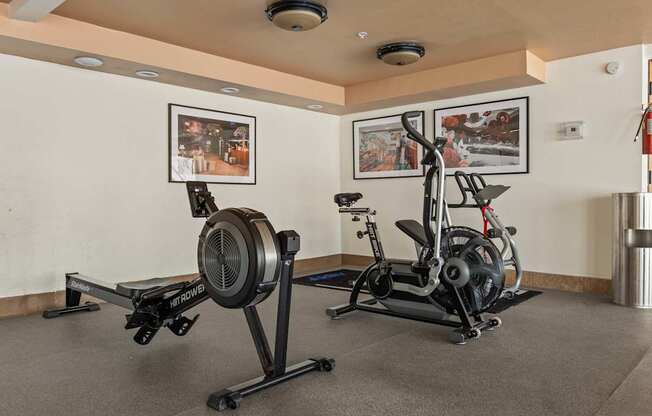 A gym with a rowing machine and an exercise bike.