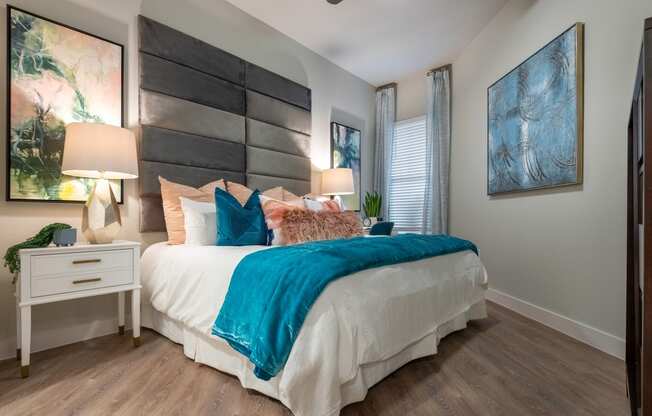 bedroom of an apartment at the cannery at the packing district