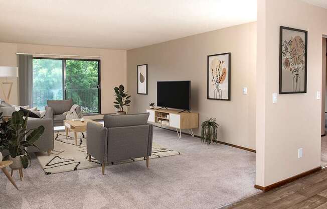 A living room with a grey couch, a television, and a rug.