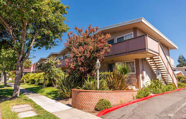 a house with a sidewalk and a tree in front of it