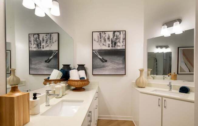A bathroom with a white counter top and a mirror above it.