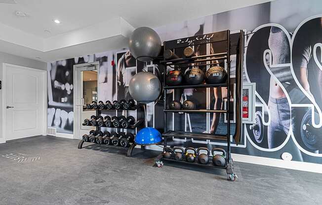 a home gym with weights and a large mural on the wall