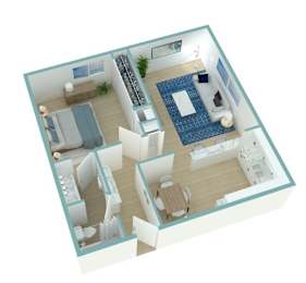A 3D floor plan of a house with a living room, kitchen, dining room, and bedrooms.