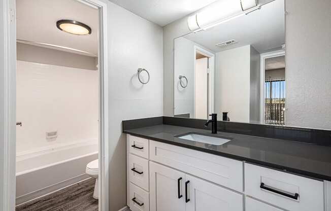 a bathroom with white cabinets and a sink and a mirror