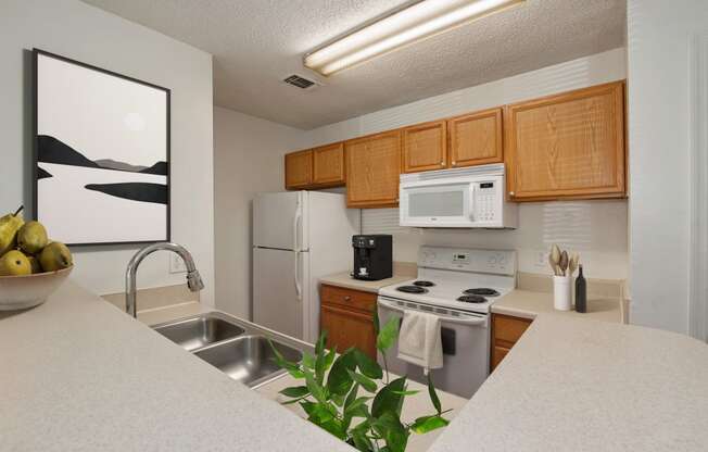 the preserve at ballantyne commons apartment kitchen with white appliances and wood cabinets