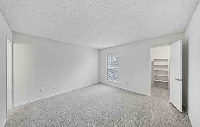 A white room with a carpeted floor and a door on the right side.