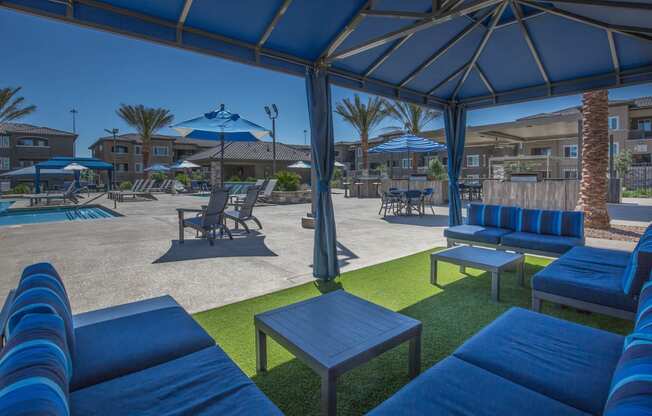 pool side seating at Level 25 at Oquendo by Picerne, Las Vegas, 89148