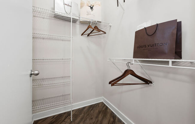 a closet with shelves and a bag hanging on a rack