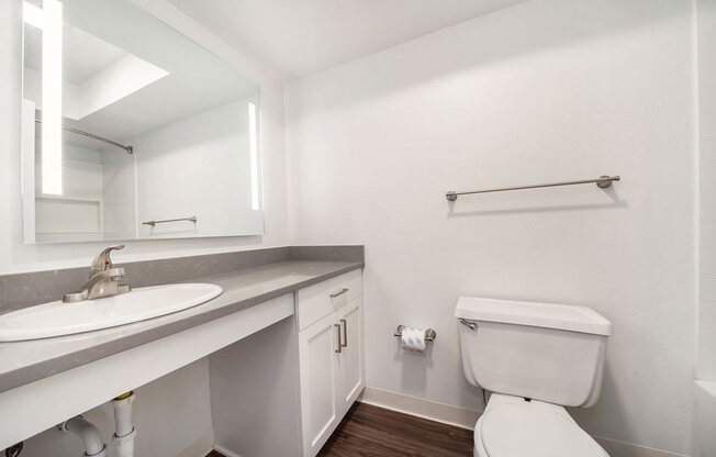 a bathroom with hard surface floors and a mirror