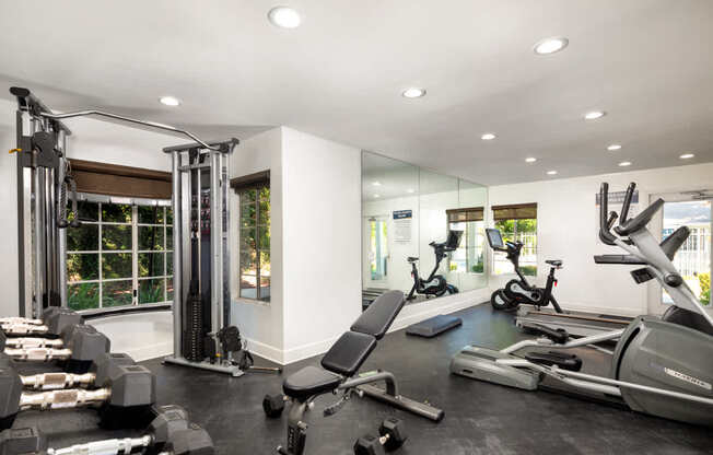 A spacious gym with a variety of equipment including treadmills, weights, and exercise machines.