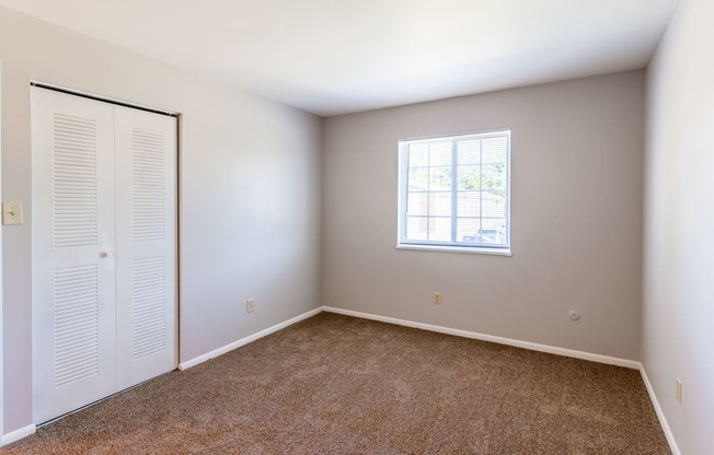 an empty room with carpet and a window and a closet