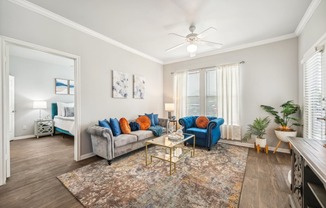 a living room with two couches and a coffee table