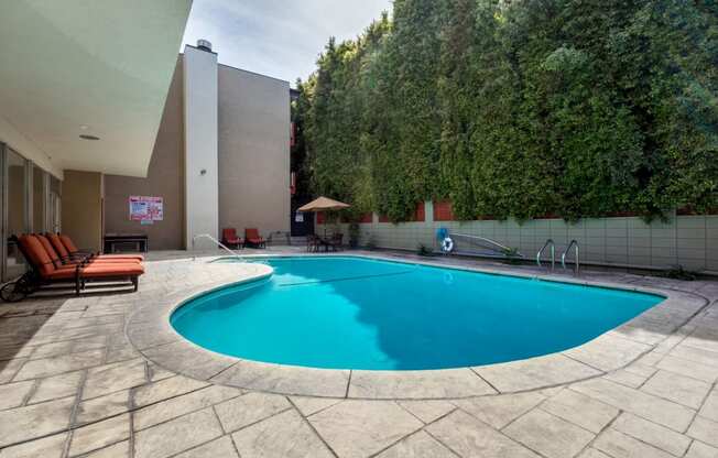 Apartments in Encino - Community Pool with Plush Lounge Seating, an Umbrella, and Nearby Trees.