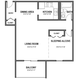 Studio, 1 bath, 655 sqft, $1,063