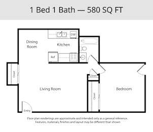 1 bed, 1 bath, 580 sqft, $1,180