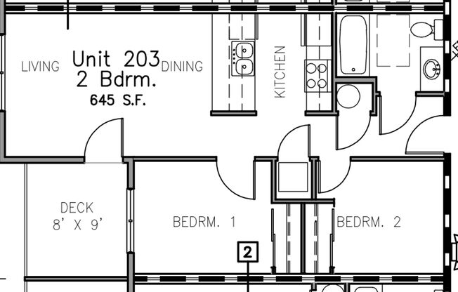 2 beds, 1 bath, 645 sqft, $1,880, Unit 203