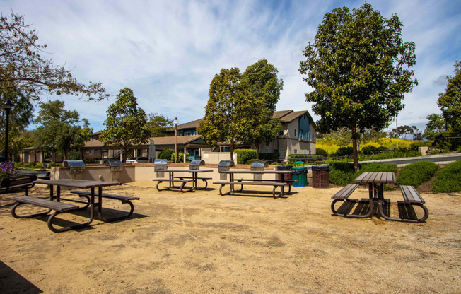 a community picnic area with benches and picnic tables